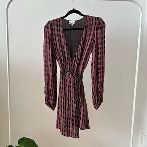 GANNI Georgette Pink and Black Checkered Wrap Dress